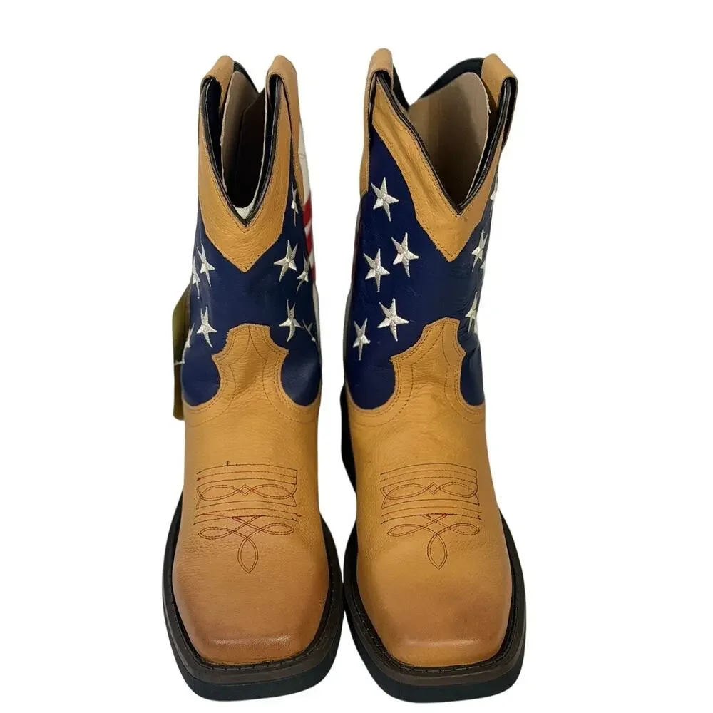 Patriotic American Flag Western Cowboy Boots Youth 5.5M Tan Leather NWT
